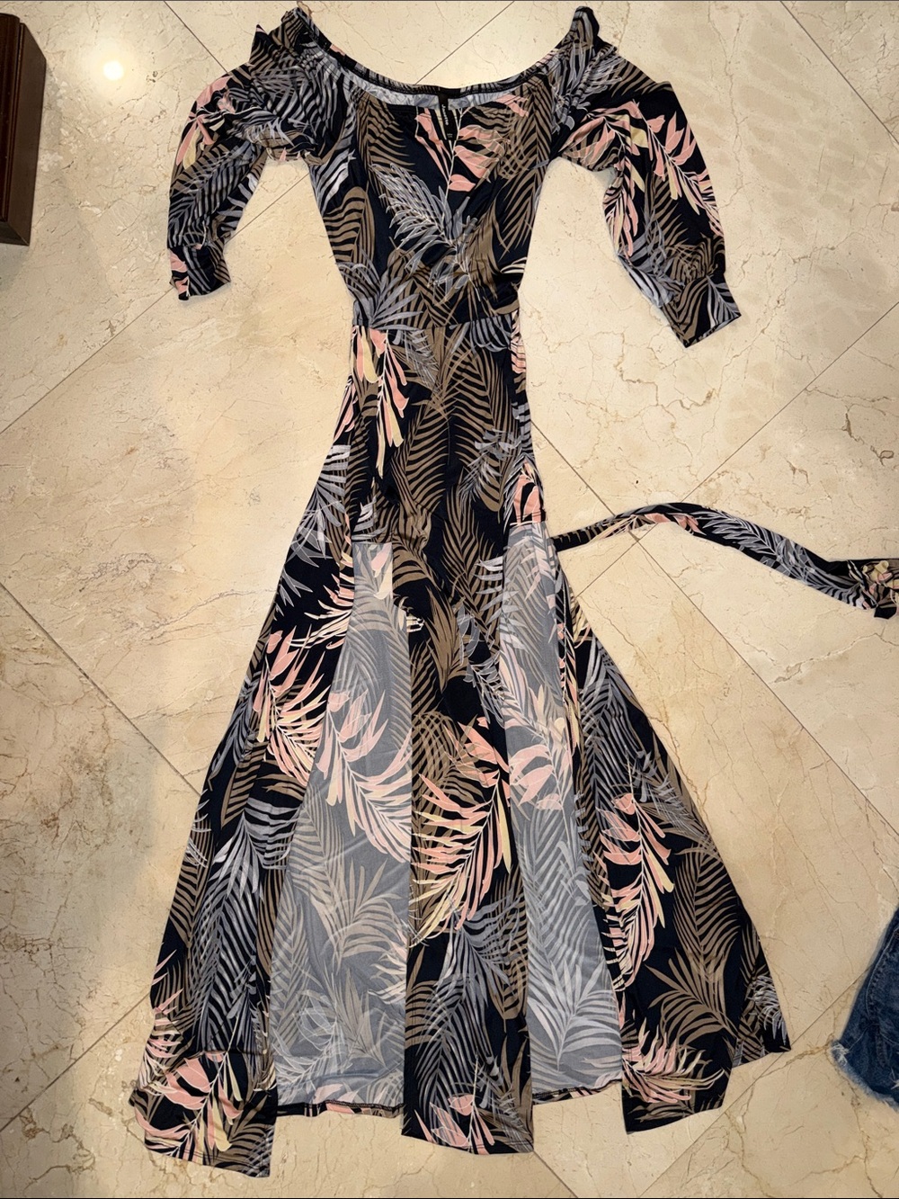 Black Tropical Print Off-Shoulder Maxi “Dress”. Open built-in shorts.Pink palms